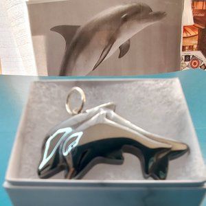 HEALING Black Hematite Carved Double Dolphin Pendant w' Sterl. Silver Loop